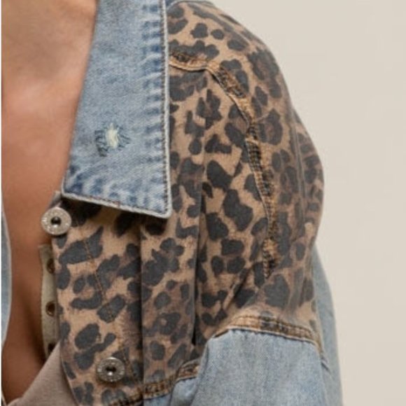 Distressed Denim and Leopard Short Oversized Jacket - Picture 17 of 17